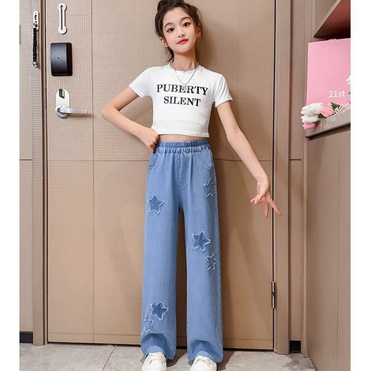 Quần bò bé gái phom thụng may đáp hình sao cute cho bé 15-42kg