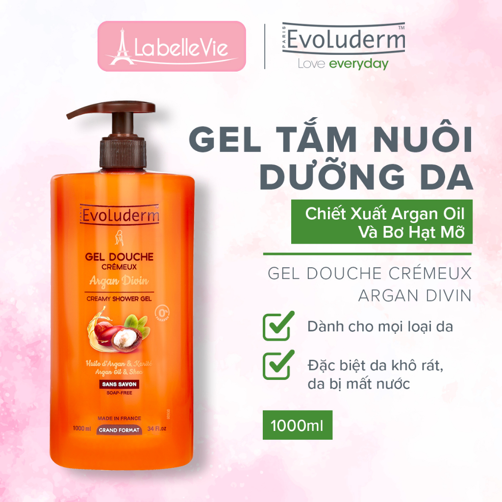 Gel tắm dưỡng dịu nhẹ cho da Evoluderm tinh chất Argan và Bơ Hạt Mỡ 1000ml