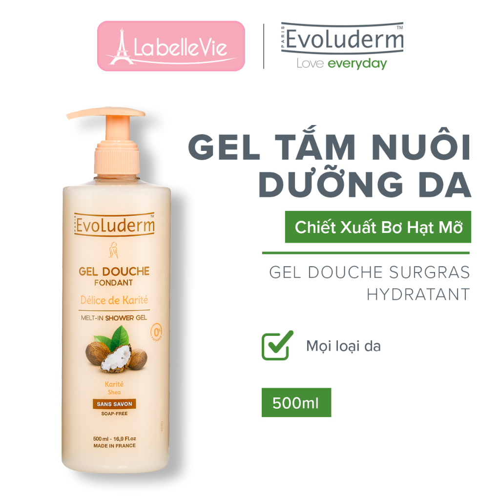 Gel tắm dưỡng da Evoluderm chiết xuất từ Bơ Hạt Mỡ - Karite 500ml (17302)