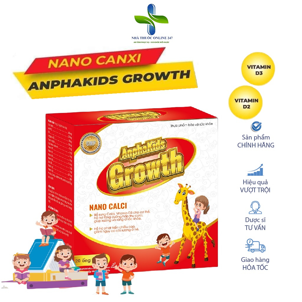 Canxi Nano AnphaKids Growth- Bổ sung canxi cho bé, vitamin D3 giúp xương răng chắc khỏe, hộp 20 ống