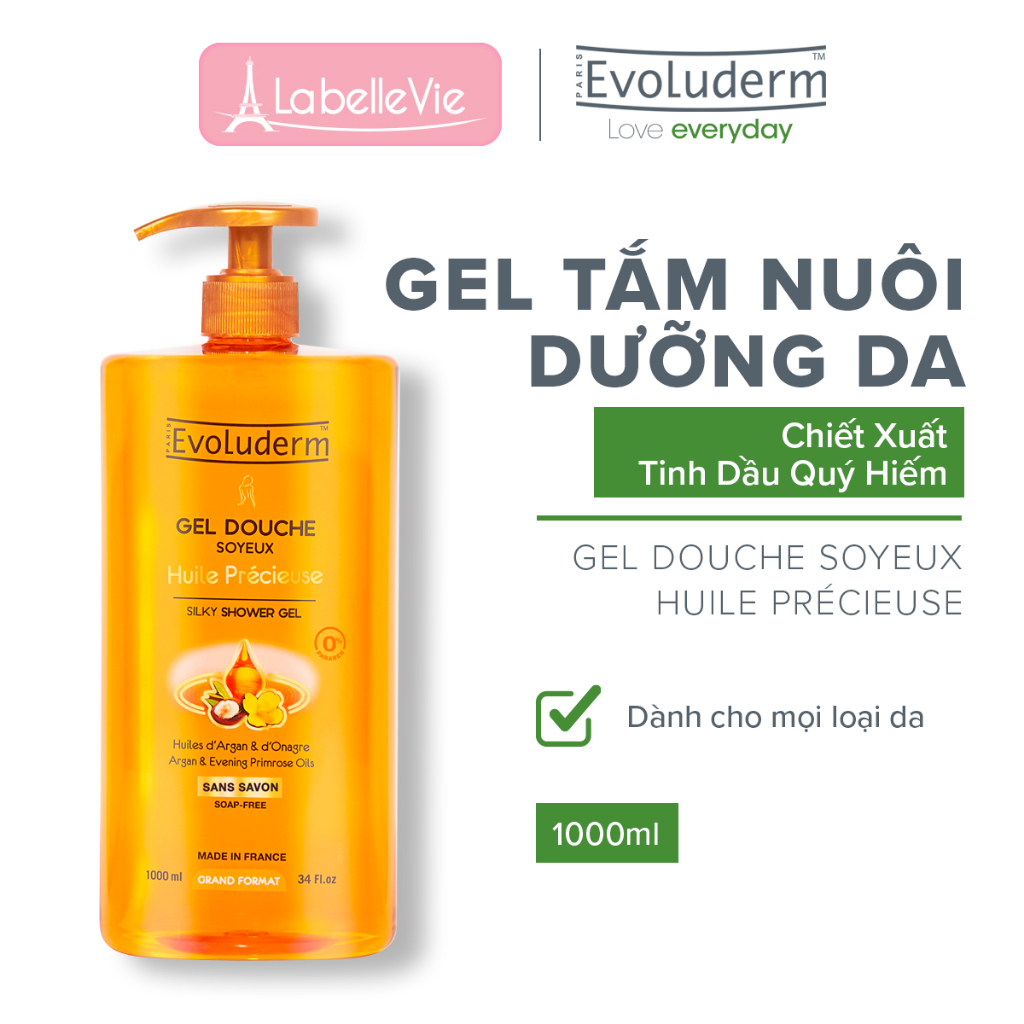 Gel tắm Evoluderm Gel Douche Soyeux Huile Précieuse tinh dầu argan và hoa anh thảo 1000ml