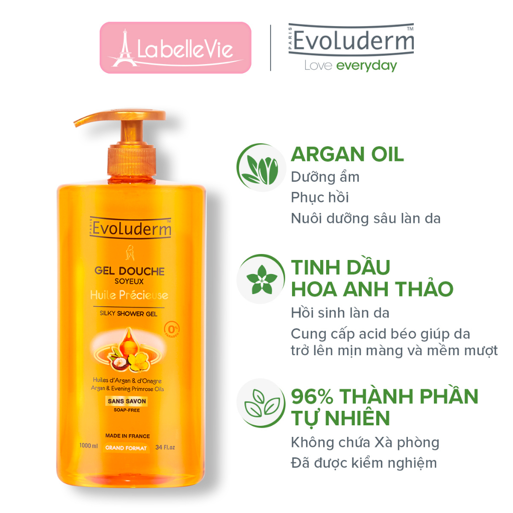 Gel tắm Evoluderm Gel Douche Soyeux Huile Précieuse tinh dầu argan và hoa anh thảo 1000ml