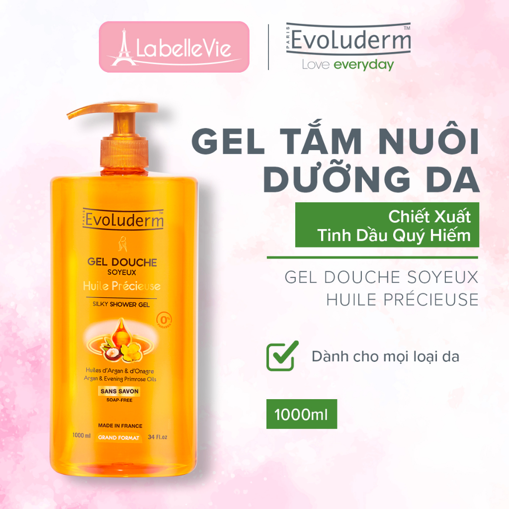 Gel tắm Evoluderm Gel Douche Soyeux Huile Précieuse tinh dầu argan và hoa anh thảo 1000ml