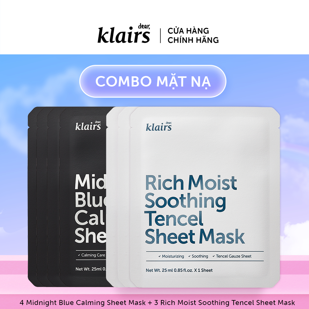 Combo 4 Dear, Klairs Midnight Blue Calming Sheet Mask 25ml+3 Rich Moist Soothing Tencel Sheet Mask 25ml