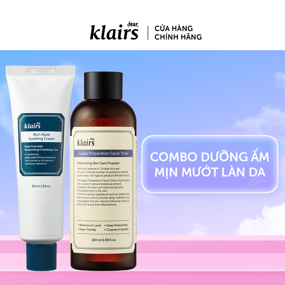 Combo Làn da ẩm mượt (Nước hoa hồng Supple Preparation Facial Toner 180ml +  Kem dưỡng Rich Moist Soothing Cream 80g)