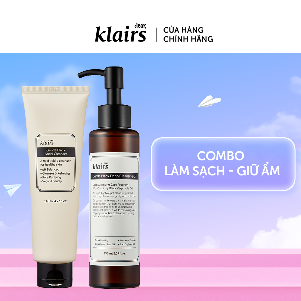Combo Dear, Klairs Dầu tẩy trang Gentle Black Deep Cleansing Oil 150ml+Sữa rửa mặt Gentle Black 140ml