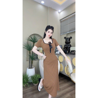 [New Sales 2024] Đầm thun gân body kẻ sọc cổ U đuôi cá 2 màu đen nâu mặc thoải mai co giản