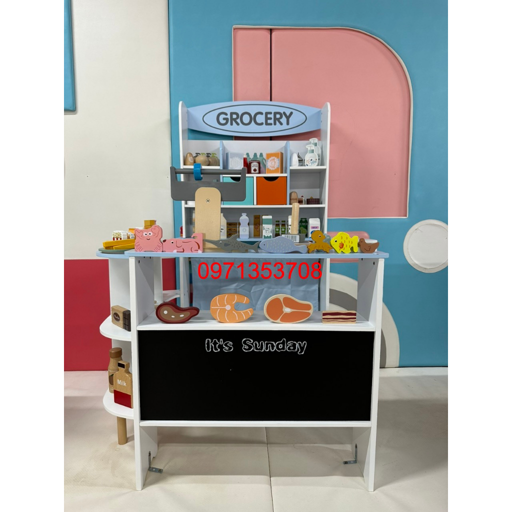Đồ chơi shop bán hàng, quầy siêu thị, quầy, xe đẩy bán hàng bằng gỗ cho bé
