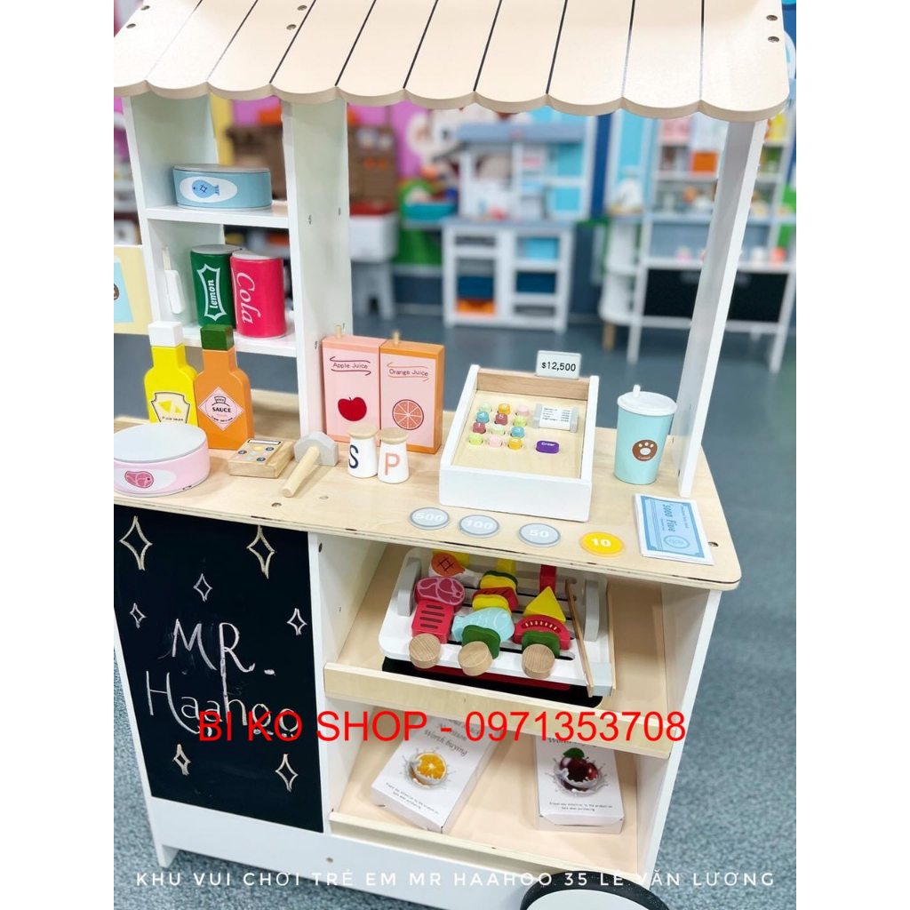 Đồ chơi shop bán hàng, quầy siêu thị, quầy, xe đẩy bán hàng bằng gỗ cho bé