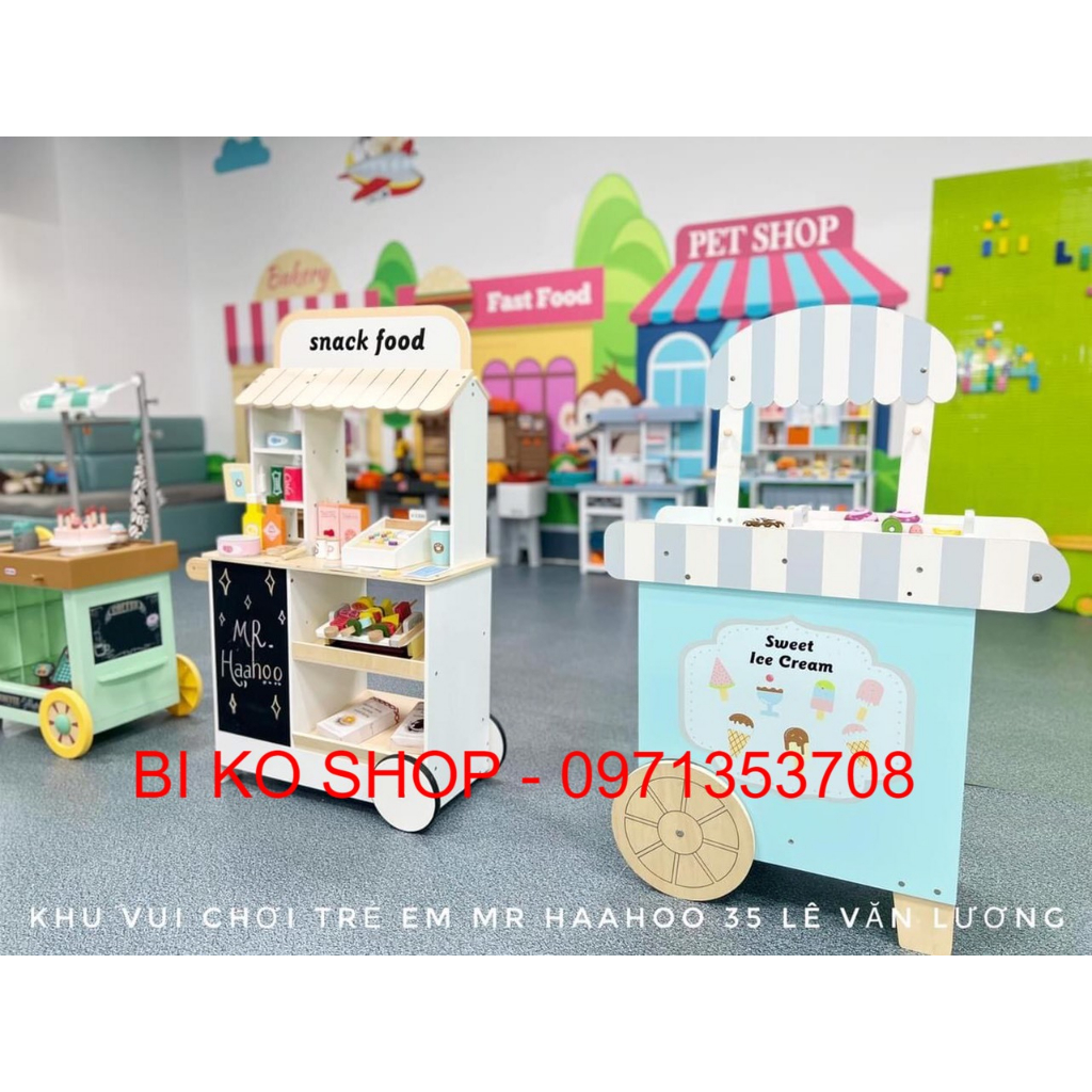 Đồ chơi shop bán hàng, quầy siêu thị, quầy, xe đẩy bán hàng bằng gỗ cho bé