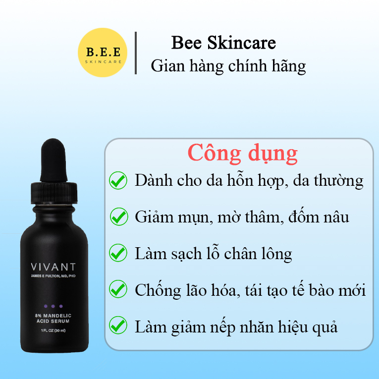 Serum Vivant Skincare 8% Mandelic Acid - Acid 3-in-1 Giảm Mụn, Mờ Thâm, Chống Lão Hóa, Bee Skincare
