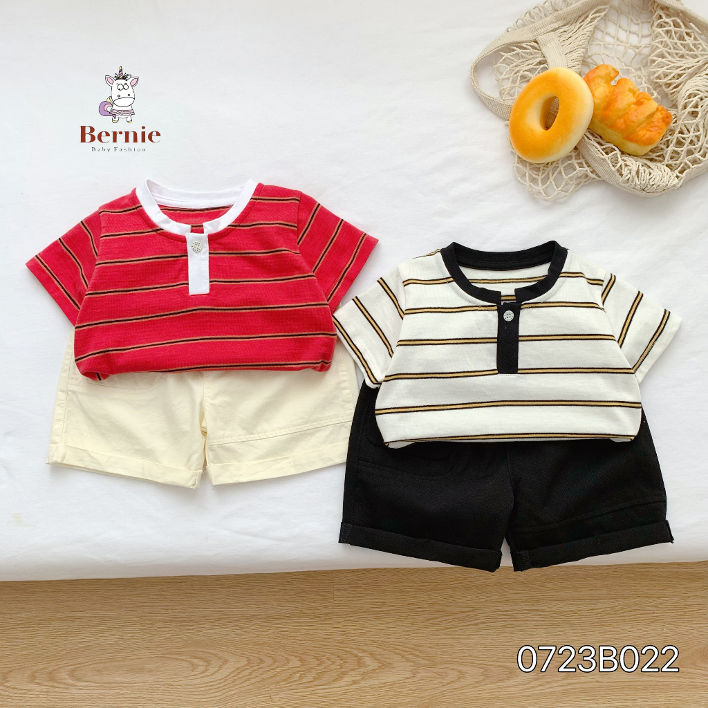 Bộ cộc tay bé trai Bernie áo cotton kẻ ngang quần kaki cho bé từ 9-23kg- 0723B022