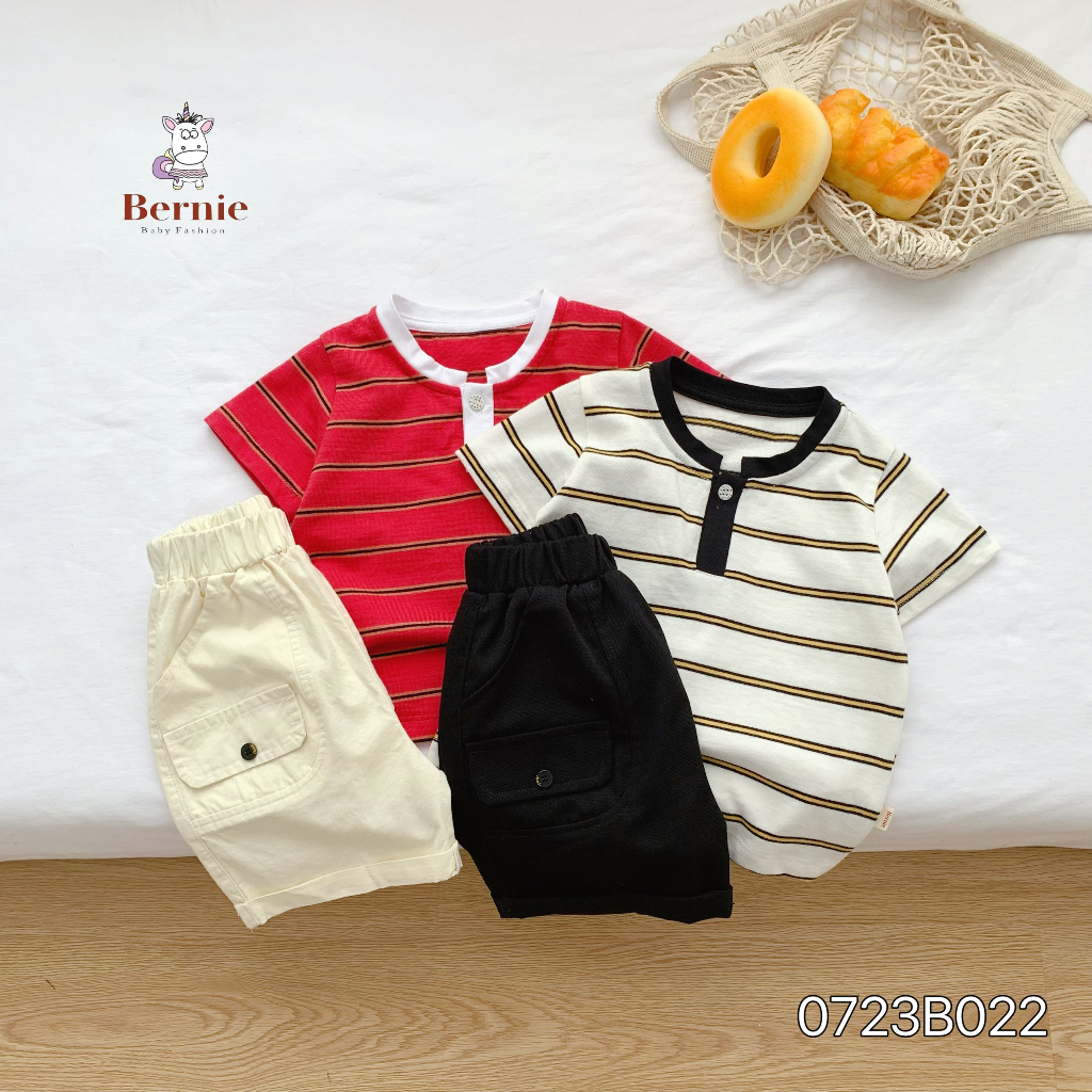 Bộ cộc tay bé trai Bernie áo cotton kẻ ngang quần kaki cho bé từ 9-23kg- 0723B022