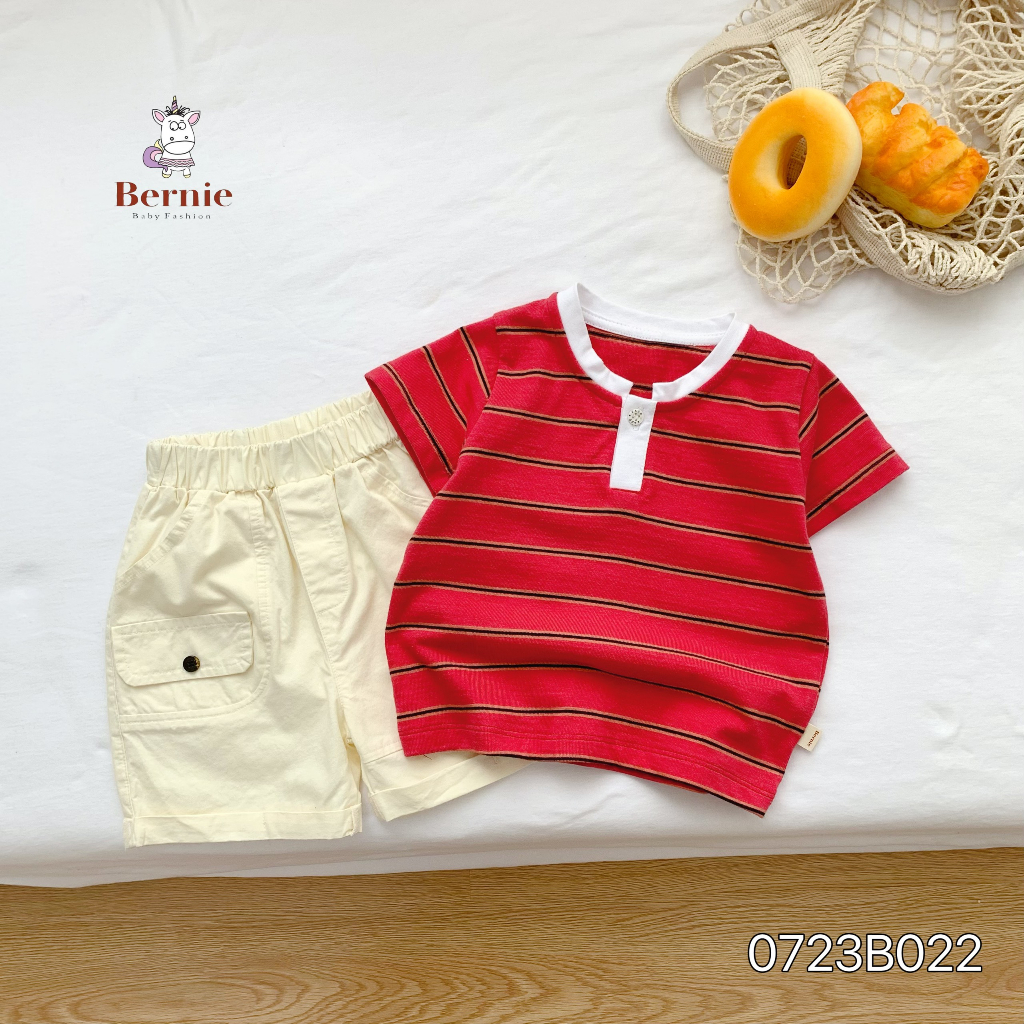 Bộ cộc tay bé trai Bernie áo cotton kẻ ngang quần kaki cho bé từ 9-23kg- 0723B022