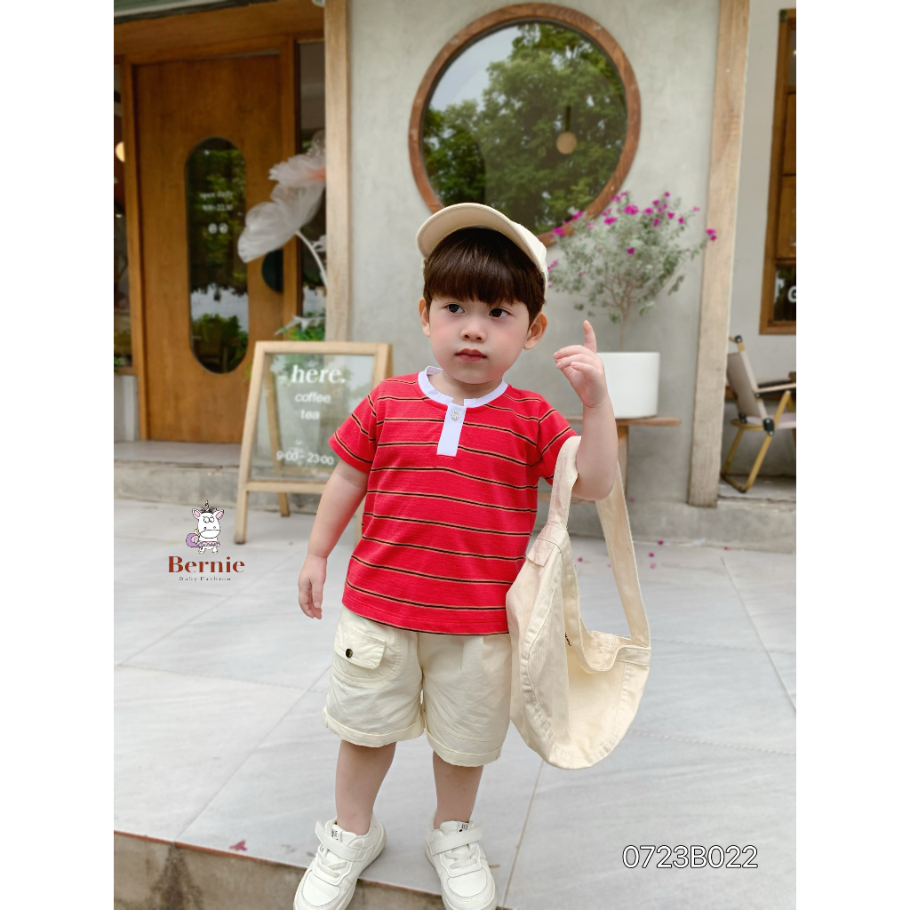 Bộ cộc tay bé trai Bernie áo cotton kẻ ngang quần kaki cho bé từ 9-23kg- 0723B022