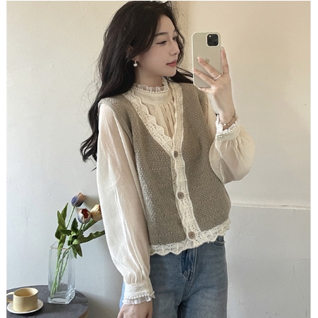 Áo Gile Mix Sơ Mi Tay Phồng Thiết Kế Nhẹ Nhàng Tiểu Thư Phong Cách Retro 2023