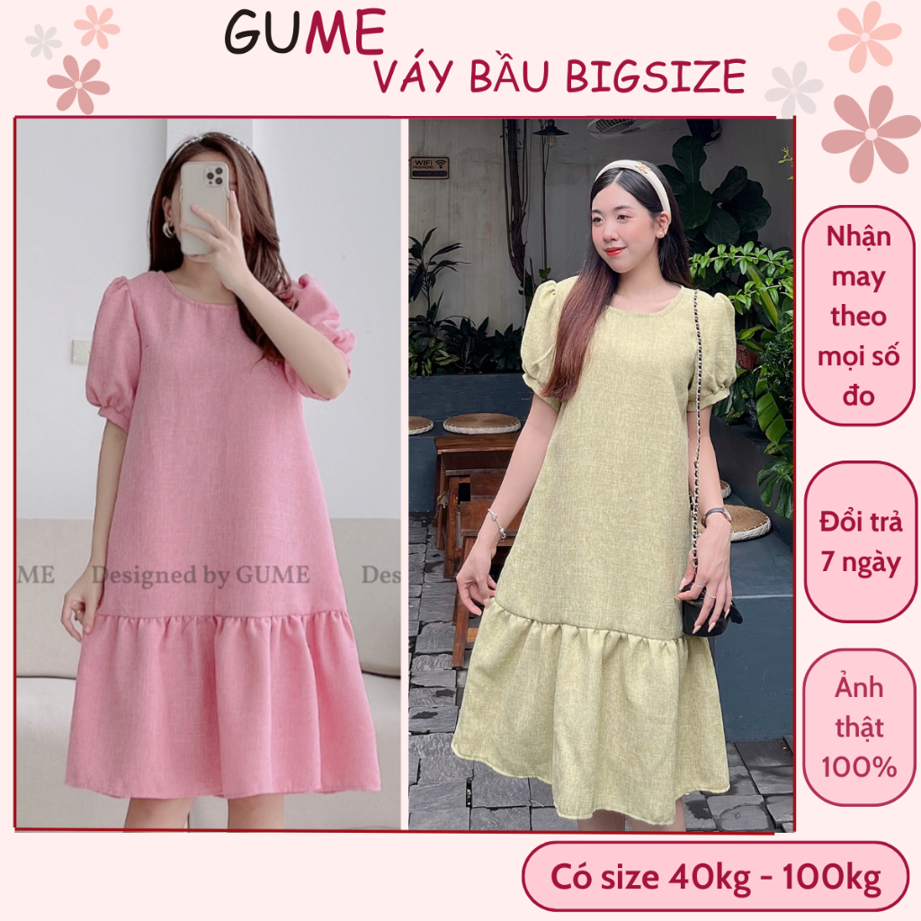 Váy Bầu Thiết Kế Bigsize Gume Đầm Bầu Công Sở Tiểu Thư Dáng Suông Đuôi Cá Tay Bồng Vải Dạ Text_ size 40-100kg _ GM065