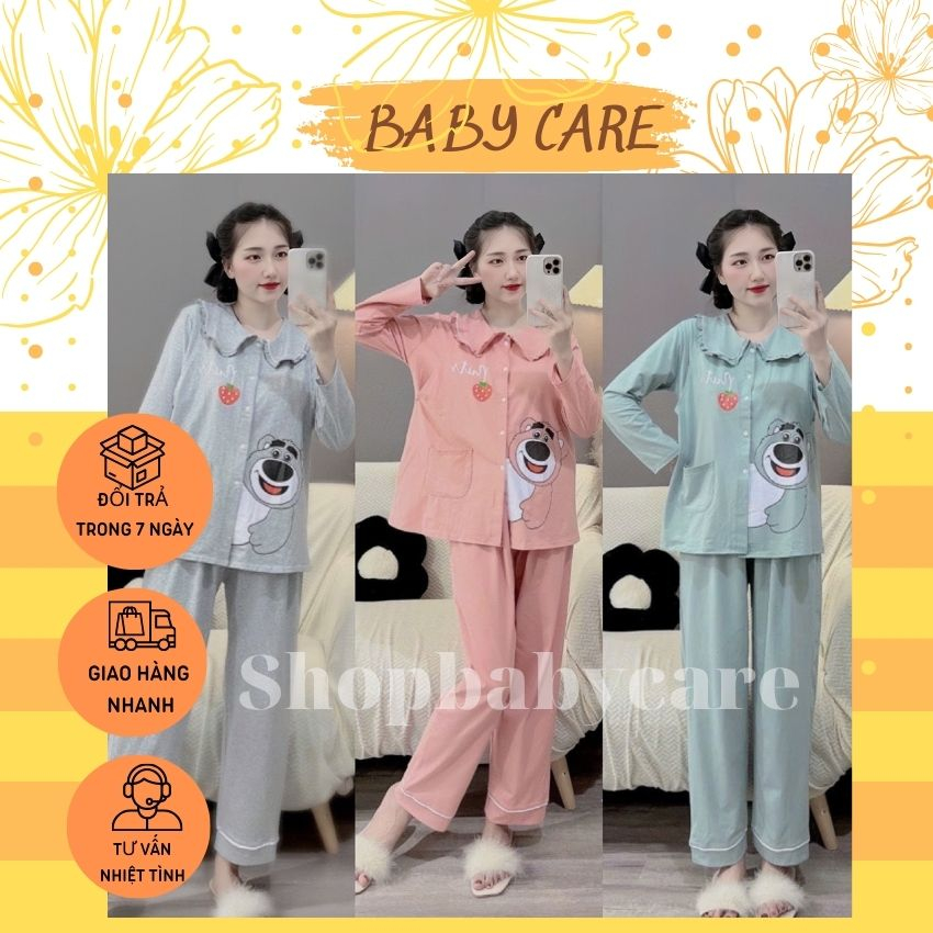 BỘ BẦU VÀ SAU SINH CHO CON BÚ M285 CHẤT COTTON MỀM MÁT HỌA TIẾT GẤU DÂU ĐIỆU ĐÀ