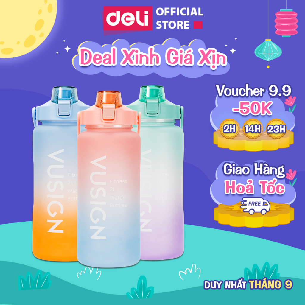 Bình Nước 2 Lít Chia Vạch Thể Thao Nhắc Nhở Deli KHÔNG MÙI NHỰA AN TOÀN Với Sức Khoẻ Có Giấy Kiểm Định Chất Lượng Cute