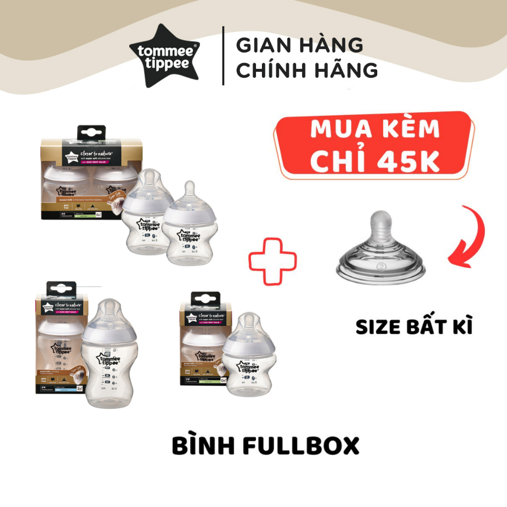 Bình Sữa PP Ty Siêu Mềm Tự Nhiên Tommee Tippee 150ml, 260ml, 340ml, Set Đôi, Nhiều Size, Được Mua Kèm Thêm 01 Núm Ty