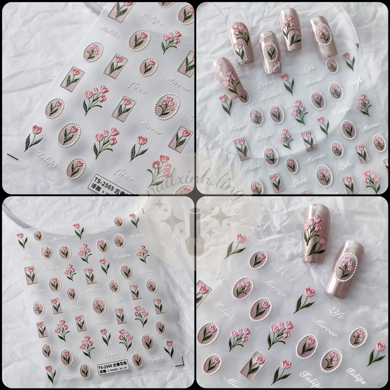 Sticker Dán Móng Tay Hoa Tulip Viền Tròn Sang Chảnh YB002 | TS2323 - Hình Dán Móng Nail Dập Nổi Hoa Tulip 5D Tensor Pro