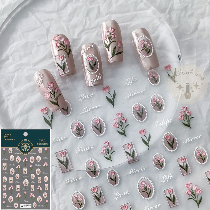 Sticker Dán Móng Tay Hoa Tulip Viền Tròn Sang Chảnh YB002 | TS2323 - Hình Dán Móng Nail Dập Nổi Hoa Tulip 5D Tensor Pro
