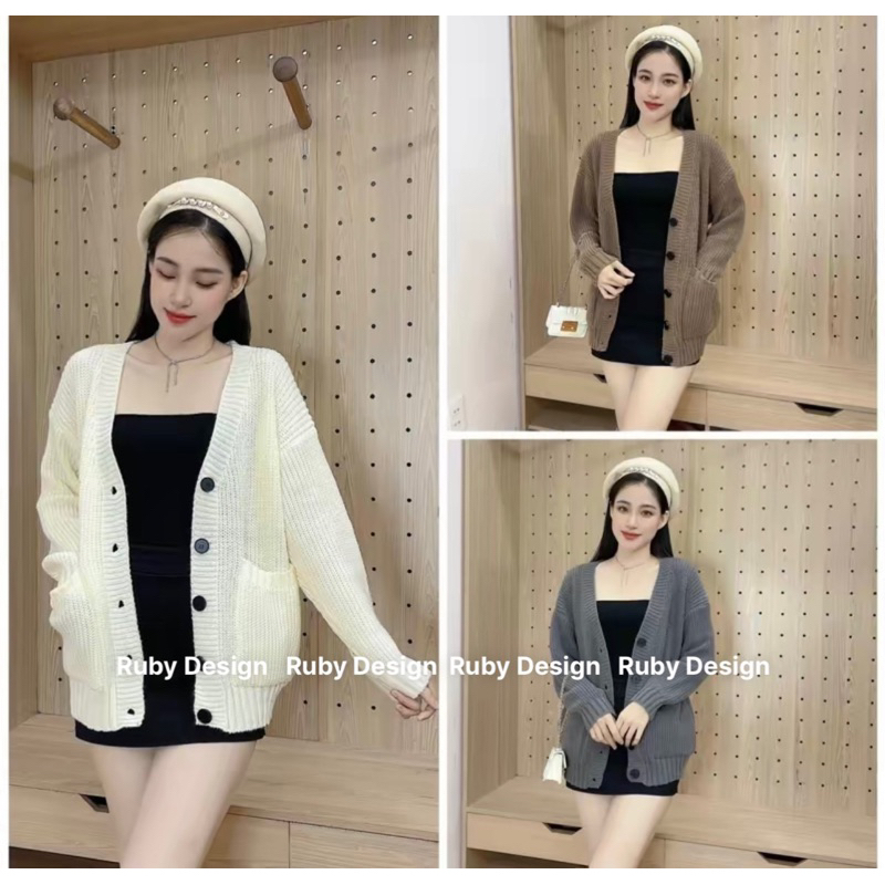 Áo khoác len nữ , áo khoác nữ cardigan Dài tay 5 cúc, 2 túi trước phong cách Hàn quốc màu xám, kem, nâu - RUBY DESIGN