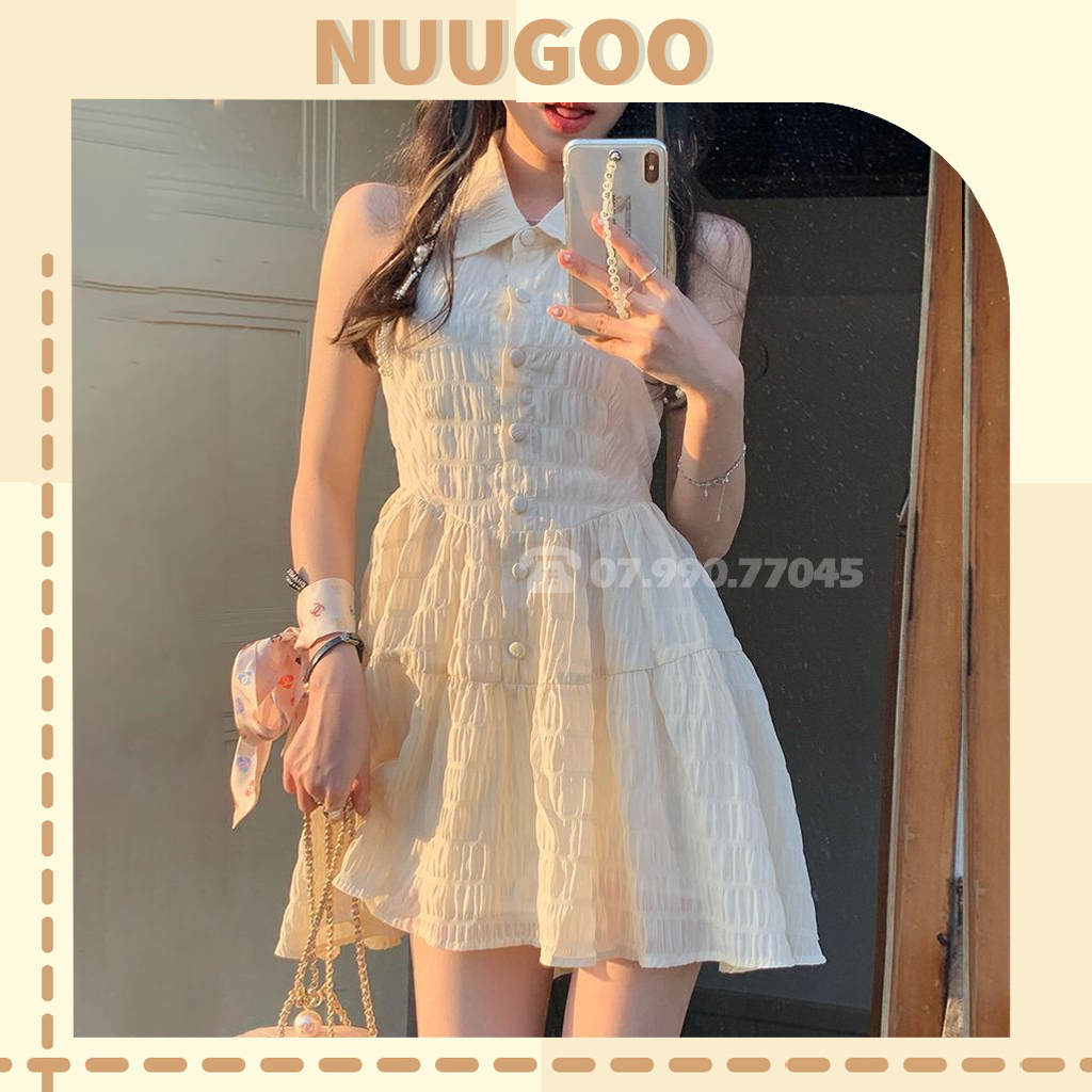 đầm nữ tiểu thư màu be nơ hồng phong cách hàn quốc NUUGOOLN1