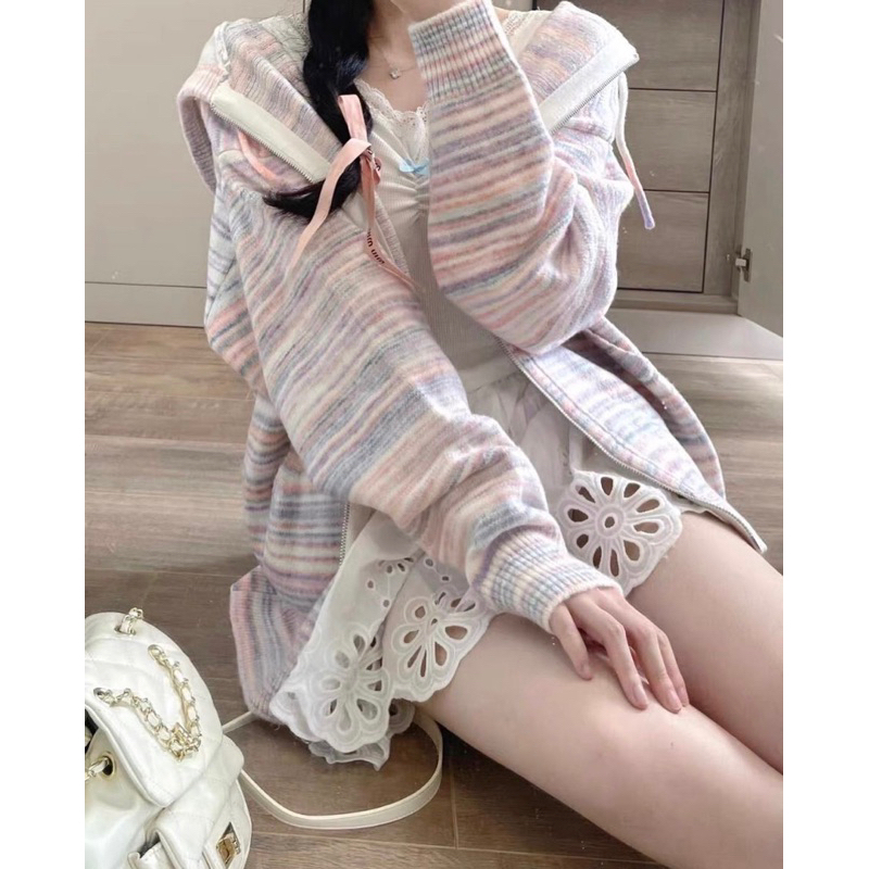 Áo khoác len có mũ zip loang form rộng style Hàn