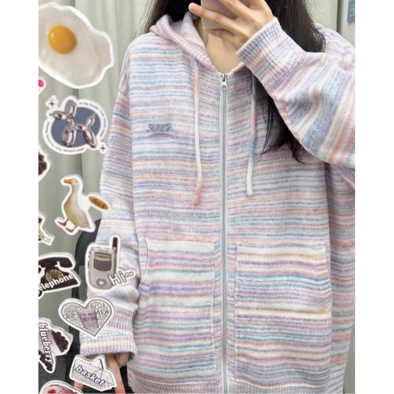 Áo khoác len có mũ zip loang form rộng style Hàn