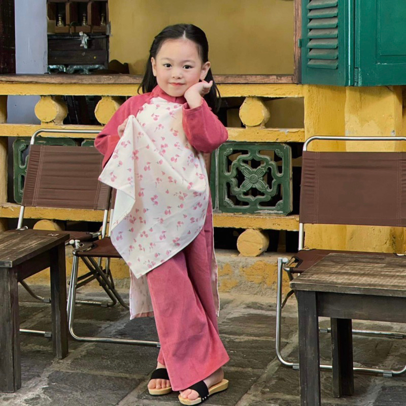 Áo Dài Bé Gái CHICHU Nhung Tăm Cao Cấp Hoa hồng tây tay phối dáng cách tân Mùa Lễ Hội Tặng Bờm Xinh Xắn