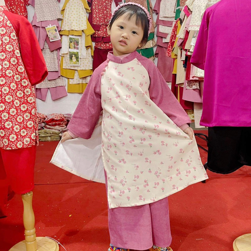 Áo Dài Bé Gái CHICHU Nhung Tăm Cao Cấp Hoa hồng tây tay phối dáng cách tân Mùa Lễ Hội Tặng Bờm Xinh Xắn