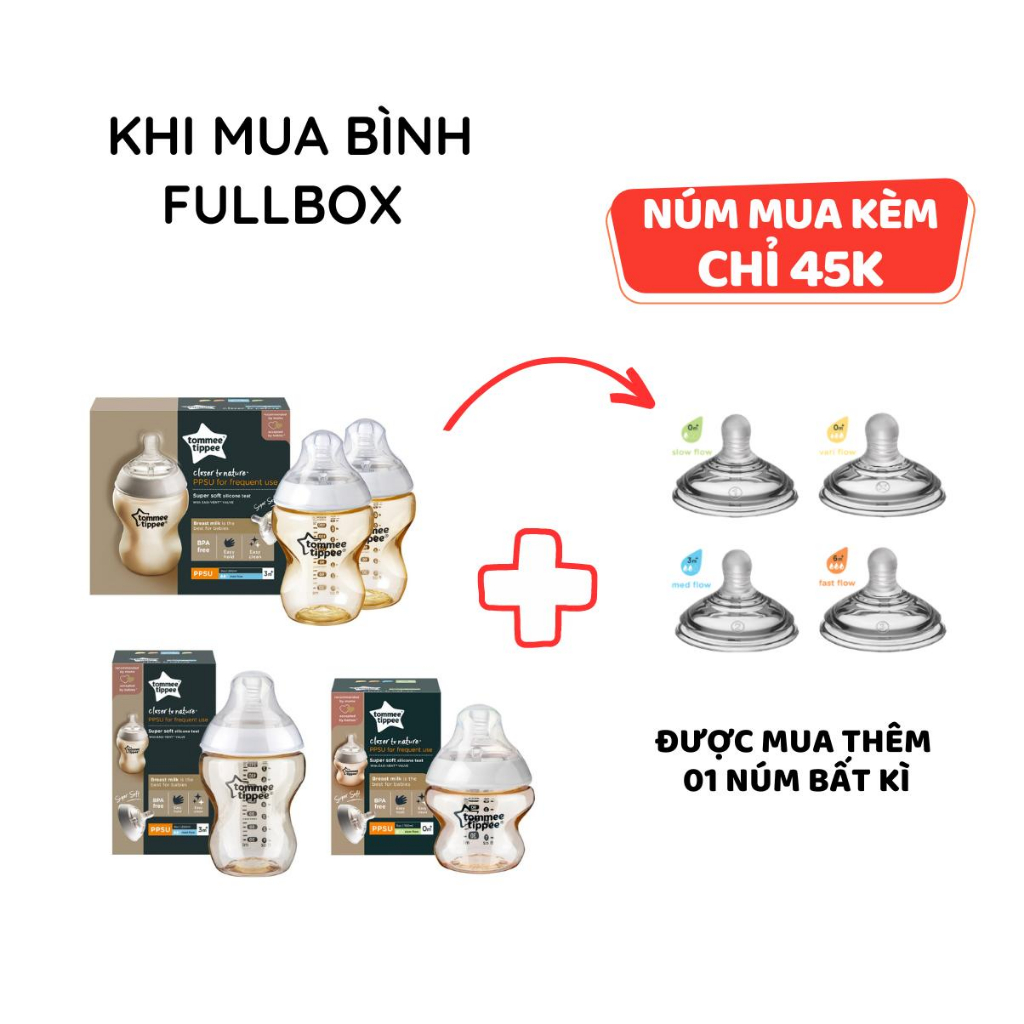 Bình Sữa PPSU Ty Siêu Mềm Tự Nhiên Tommee Tippee 150ml, 260ml, Set Đôi, Nhiều Size, Được Mua Kèm Thêm 01 Núm Ty Bất Kì