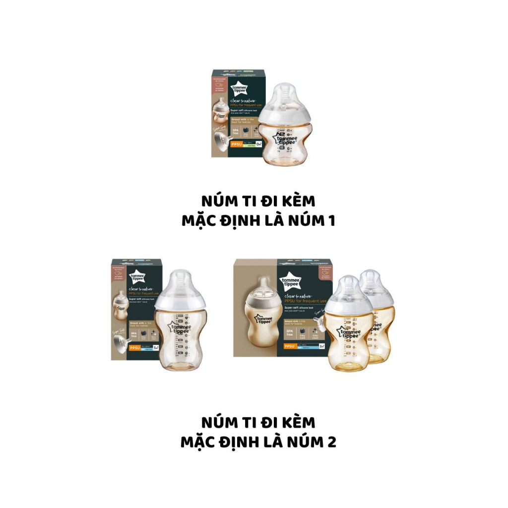 Bình Sữa PPSU Ty Siêu Mềm Tự Nhiên Tommee Tippee 150ml, 260ml, Set Đôi, Nhiều Size, Được Mua Kèm Thêm 01 Núm Ty Bất Kì