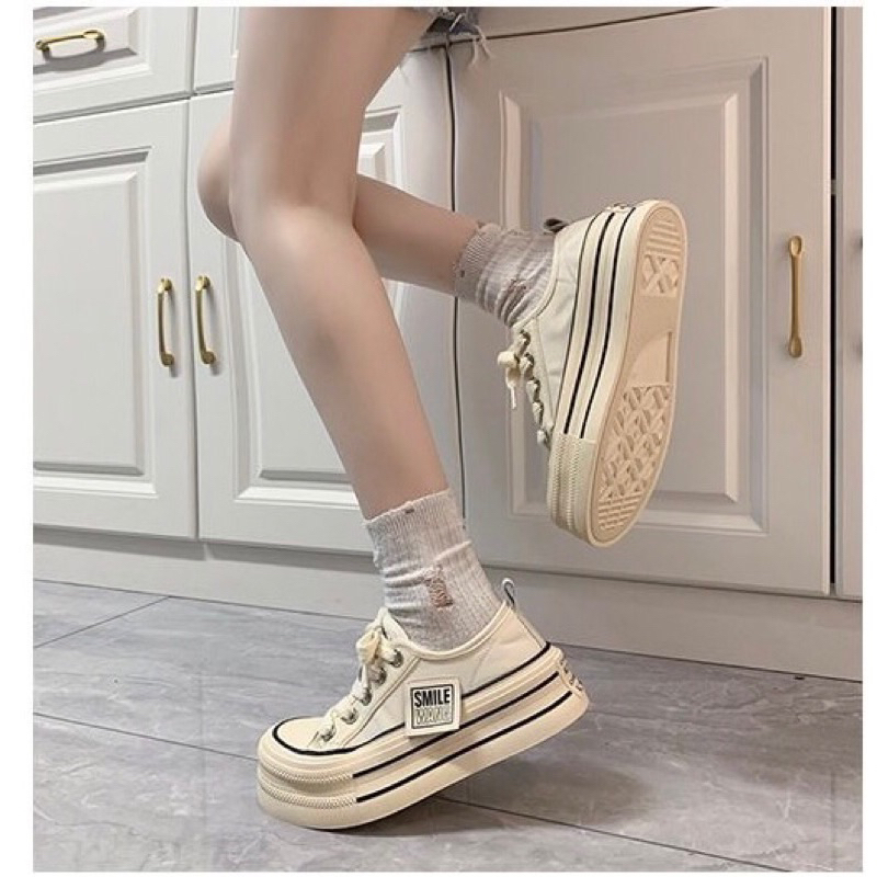 Giày thể thao nữ đế cao 5cm vải canvas tem smile thời trang