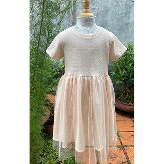 Đầm cotton chần bông phối lưới hồng da