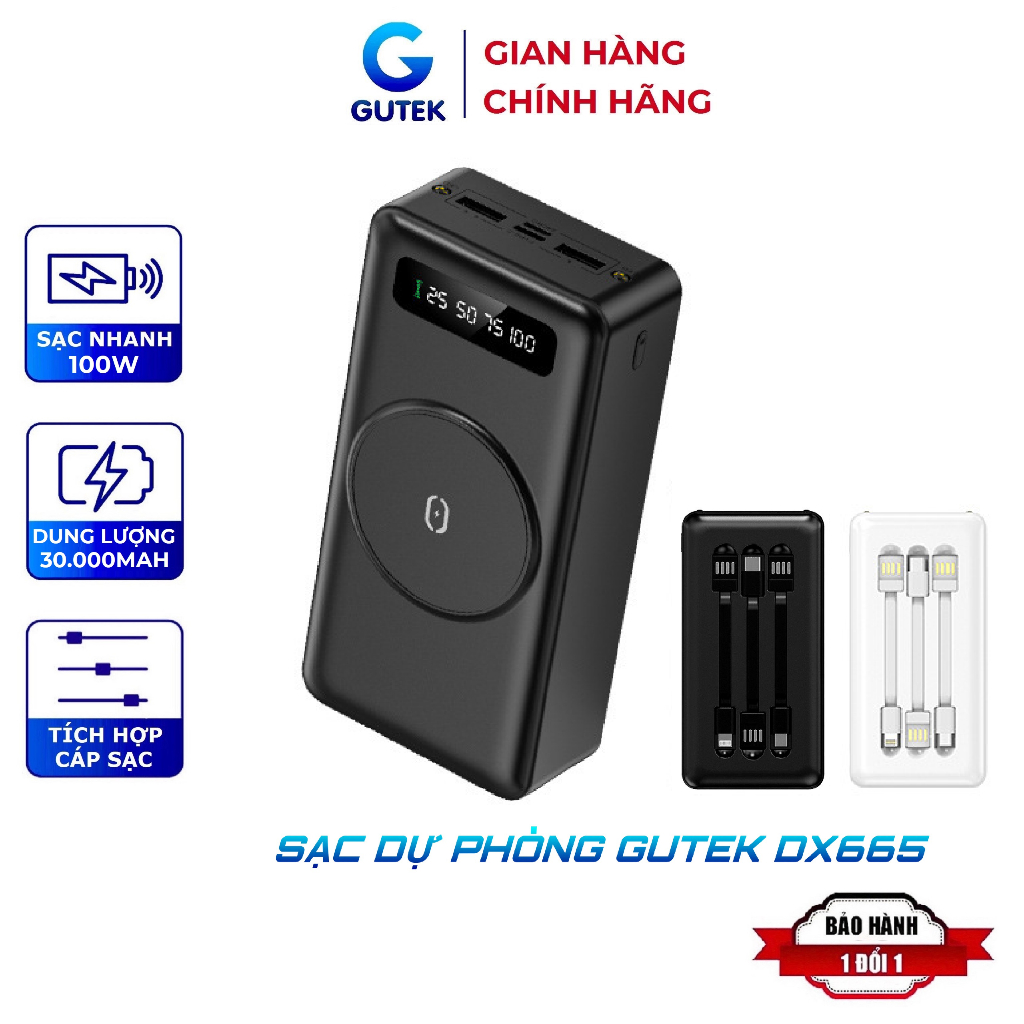 Sạc dự phòng 30000mah Gutek DX665 dung lượng pin lớn kèm dây sạc nhanh 22,5w cho nhiều thiết bị điện thoại