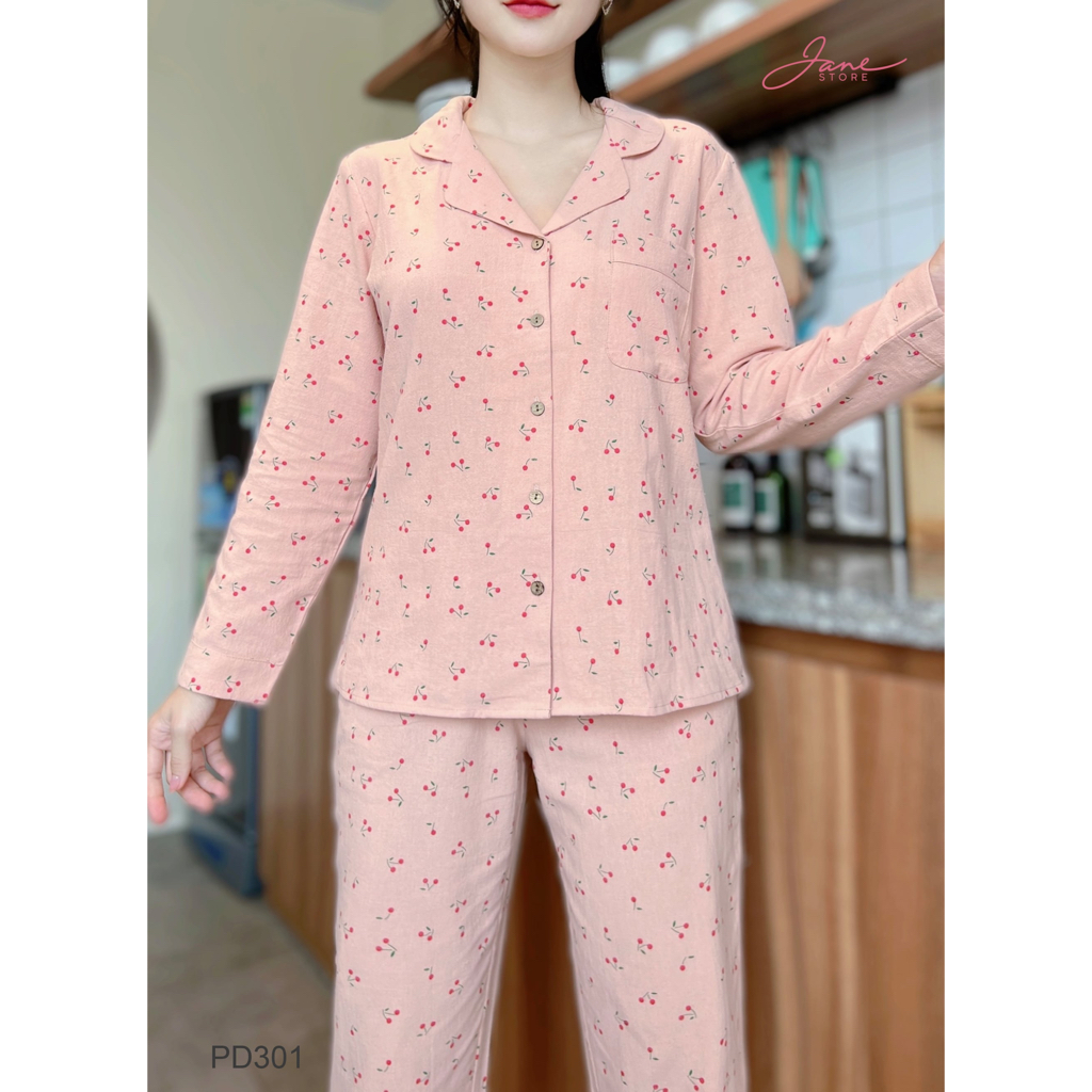 Bộ mặc nhà Pyjama chất liệu thô đũi Jane áo dài quần dài họa tiết hoa nhí PD30