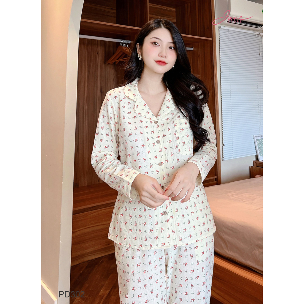 Bộ mặc nhà Pyjama chất liệu thô đũi Jane áo dài quần dài họa tiết hoa nhí PD30
