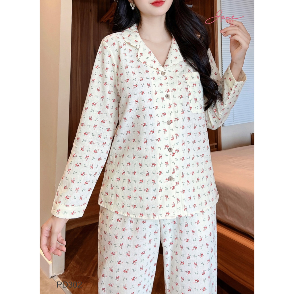 Bộ mặc nhà Pyjama chất liệu thô đũi Jane áo dài quần dài họa tiết hoa nhí PD30