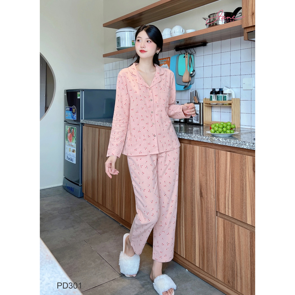 Bộ mặc nhà Pyjama chất liệu thô đũi Jane áo dài quần dài họa tiết hoa nhí PD30