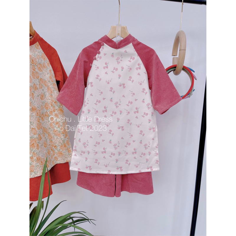 Áo Dài Bé Gái CHICHU Nhung Tăm Cao Cấp Hoa hồng tây tay phối dáng cách tân Mùa Lễ Hội Tặng Bờm Xinh Xắn