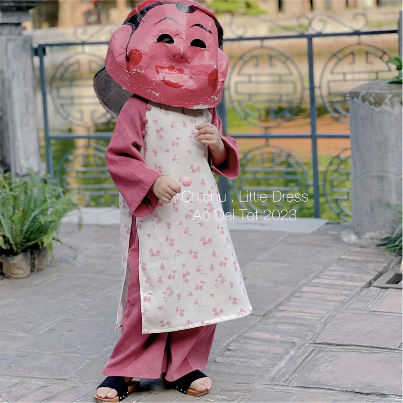 Áo Dài Bé Gái CHICHU Nhung Tăm Cao Cấp Hoa hồng tây tay phối dáng cách tân Mùa Lễ Hội Tặng Bờm Xinh Xắn
