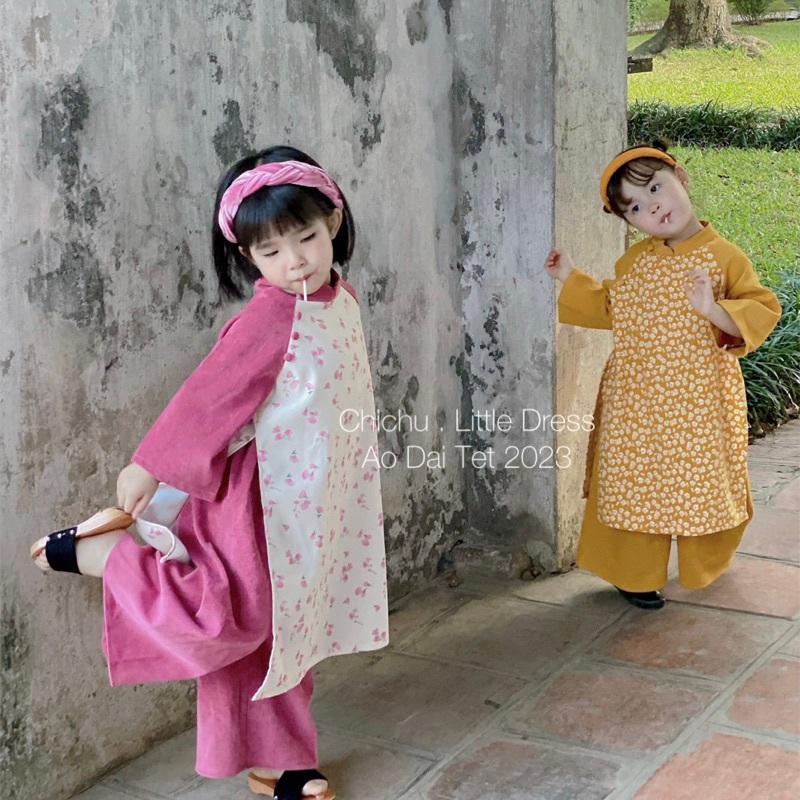 Áo Dài Bé Gái CHICHU Nhung Tăm Cao Cấp Hoa hồng tây tay phối dáng cách tân Mùa Lễ Hội Tặng Bờm Xinh Xắn