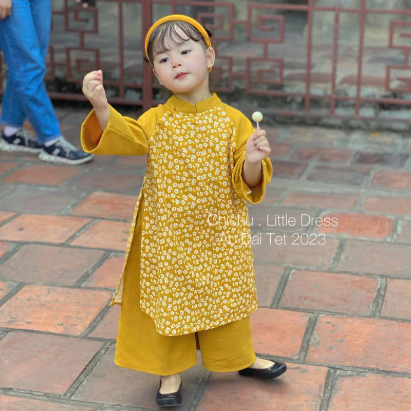Áo Dài Bé Gái CHICHU Thô Cào Bông mix Nhung hoa vàng và đỏ nhí dáng cách tân Mùa Lễ Hội Tặng Kèm Bờm Xịn Xò