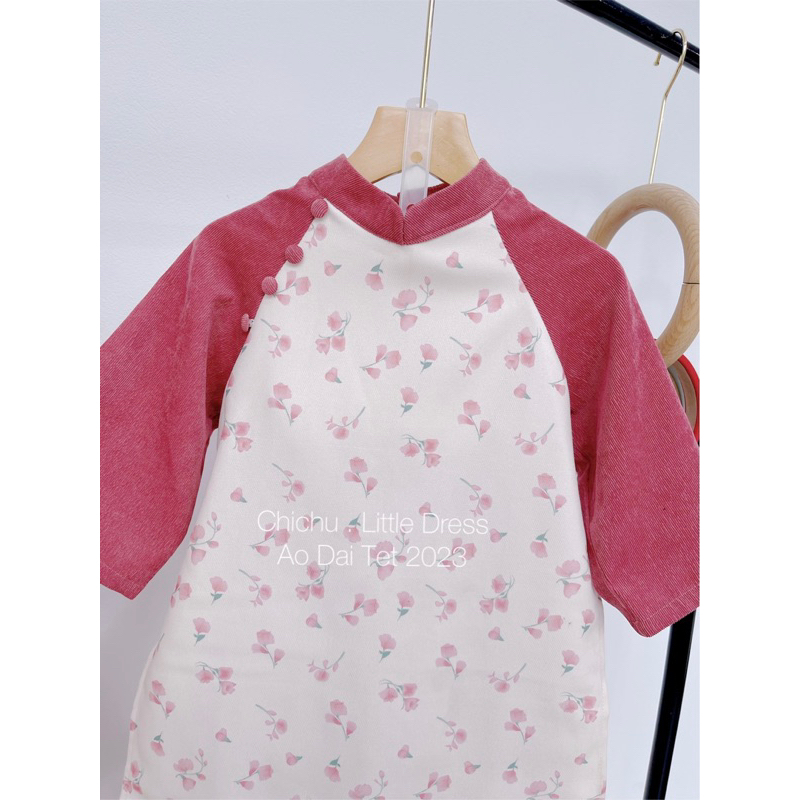 Áo Dài Bé Gái CHICHU Nhung Tăm Cao Cấp Hoa hồng tây tay phối dáng cách tân Mùa Lễ Hội Tặng Bờm Xinh Xắn