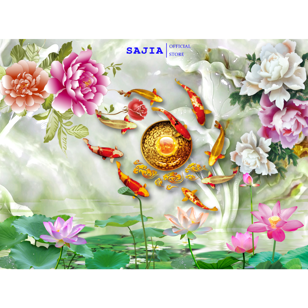 Tranh decal dán tường SAJIA cửa ngư quần tụ,9 con cá chép đẹp, thiết kế mới - SA686