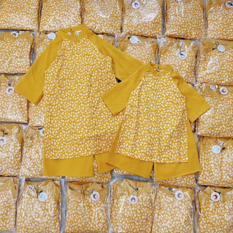 Áo Dài Bé Gái CHICHU Thô Cào Bông mix Nhung hoa vàng và đỏ nhí dáng cách tân Mùa Lễ Hội Tặng Kèm Bờm Xịn Xò