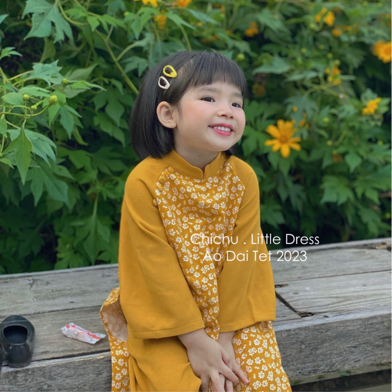 Áo Dài Bé Gái CHICHU Thô Cào Bông mix Nhung hoa vàng và đỏ nhí dáng cách tân Mùa Lễ Hội Tặng Kèm Bờm Xịn Xò