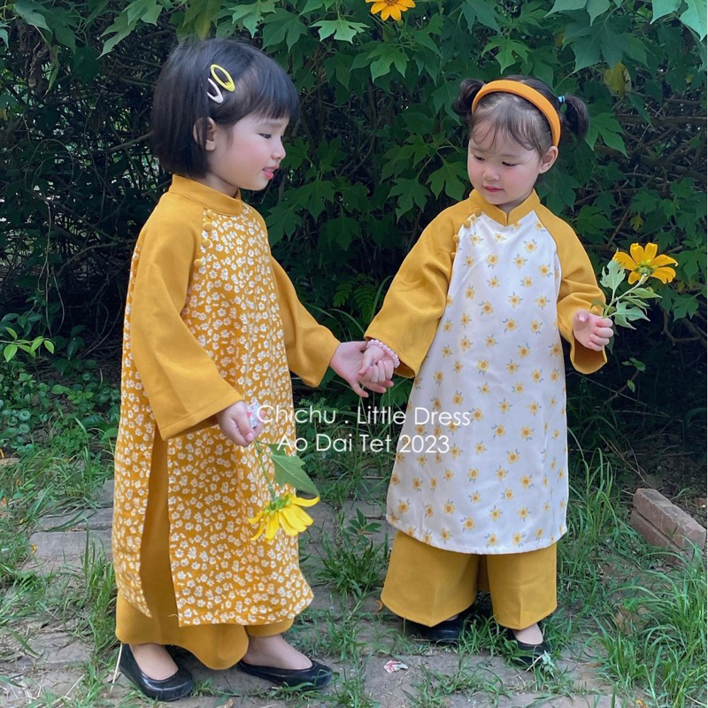 Áo Dài Bé Gái CHICHU Thô Cào Bông mix Nhung hoa vàng và đỏ nhí dáng cách tân Mùa Lễ Hội Tặng Kèm Bờm Xịn Xò